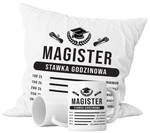 Zestaw prezentowy kubek + poduszka - "Magister - stawka godzinowa" + Twój Nadruk Zestaw prezentowy kubek + poduszka - "Magister - stawka godzinowa" + Twój Nadruk