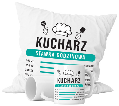 Zestaw prezentowy kubek + poduszka - "Kucharz - stawka godzinowa" + Twój Nadruk Zestaw prezentowy kubek + poduszka - "Kucharz - stawka godzinowa" + Twój Nadruk