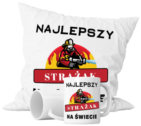 Zestaw prezentowy kubek + poduszka - "Najlepszy strażak na świecie" + Twój Nadruk Zestaw prezentowy kubek + poduszka - "Najlepszy strażak na świecie" + Twój Nadruk
