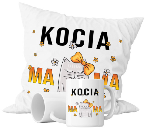 Zestaw prezentowy kubek + poduszka - "Kocia Mama" + Twój Nadruk Zestaw prezentowy kubek + poduszka - "Kocia Mama" + Twój Nadruk
