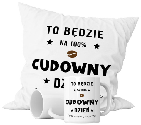 Zestaw prezentowy kubek + poduszka - "To będzie na 100% cudowny dzień - zaparz, wypij, powtórz" + Twój Nadruk Zestaw prezentowy kubek + poduszka - "To będzie na 100% cudowny dzień - zaparz, wypij, powtórz" + Twój Nadruk