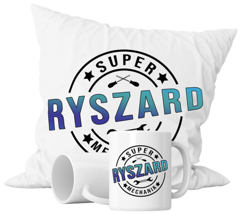 Zestaw prezentowy kubek + poduszka - "Super mechanik" + Twój Nadruk Zestaw prezentowy kubek + poduszka - "Super mechanik" + Twój Nadruk