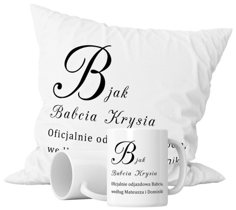 Zestaw prezentowy kubek + poduszka - "B jak babcia" + Twój Nadruk Zestaw prezentowy kubek + poduszka - "B jak babcia" + Twój Nadruk
