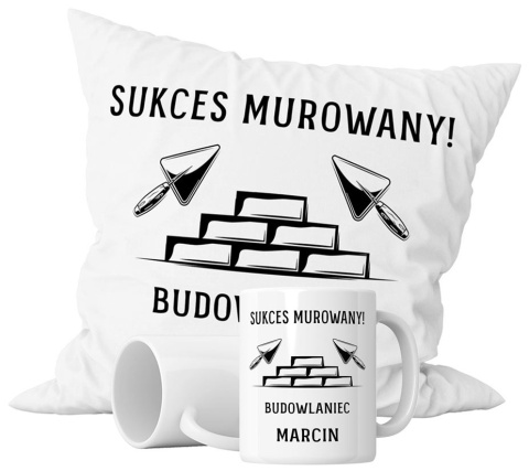 Zestaw prezentowy kubek + poduszka - "Budowlaniec" + Twój Nadruk Zestaw prezentowy kubek + poduszka - "Budowlaniec" + Twój Nadruk