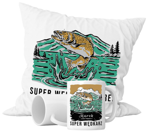 Zestaw prezentowy kubek + poduszka - "Super wędkarz" + Twój Nadruk Zestaw prezentowy kubek + poduszka - "Super wędkarz" + Twój Nadruk