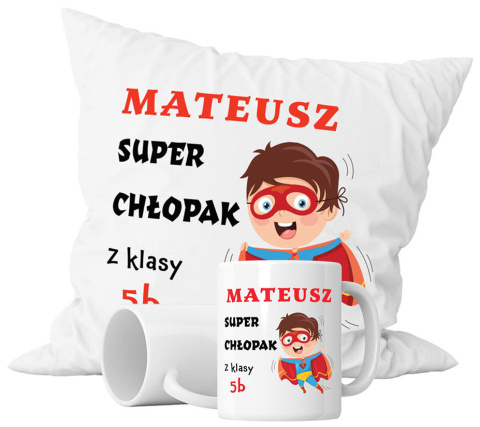 Zestaw prezentowy kubek + poduszka - "Super chłopak" + Twój Nadruk + Klasa Zestaw prezentowy kubek + poduszka - "Super chłopak" + Twój Nadruk + Klasa