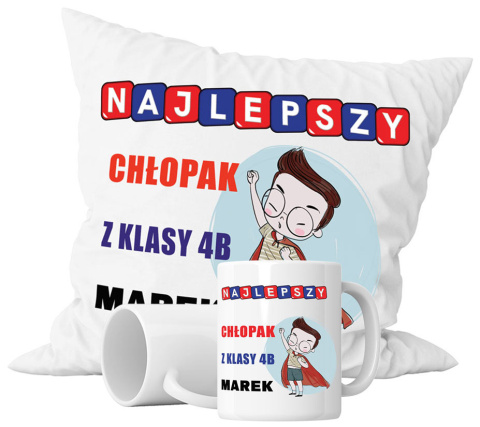 Zestaw prezentowy kubek + poduszka - "Najlepszy chłopak" + Twój Nadruk + Klasa Zestaw prezentowy kubek + poduszka - "Najlepszy chłopak" + Twój Nadruk + Klasa