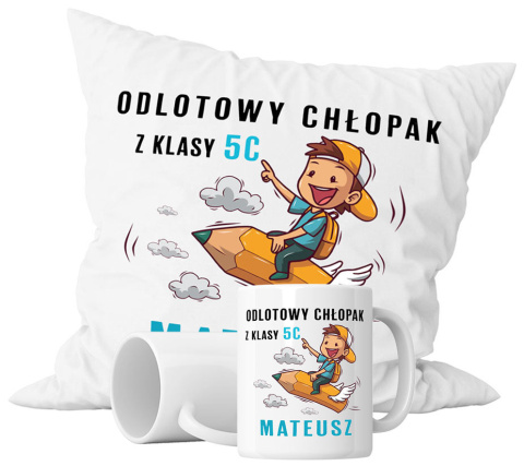 Zestaw prezentowy kubek + poduszka - "Odlotowy chłopak" + Twój Nadruk + Klasa Zestaw prezentowy kubek + poduszka - "Odlotowy chłopak" + Twój Nadruk + Klasa