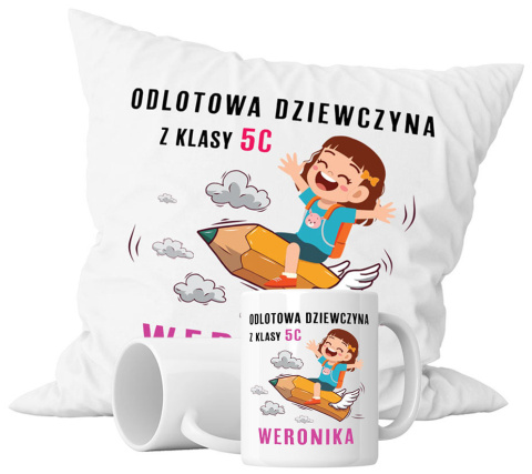 Zestaw prezentowy kubek + poduszka - "Odlotowa dziewczyna" + Twój Nadruk + Klasa Zestaw prezentowy kubek + poduszka - "Odlotowa dziewczyna" + Twój Nadruk + Klasa