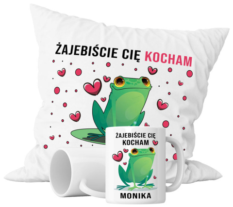 Zestaw prezentowy kubek + poduszka - "Żajebiście cię kocham" + Twój Nadruk Zestaw prezentowy kubek + poduszka - "Żajebiście cię kocham" + Twój Nadruk