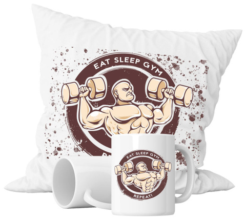 Zestaw prezentowy kubek + poduszka - "Eat, sleep, gym, repeat!" + Twój Nadruk