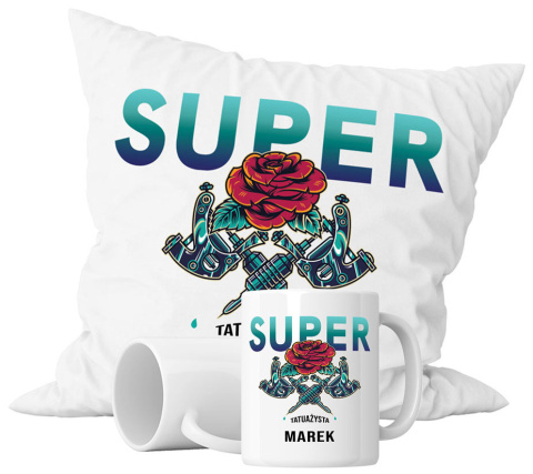 Zestaw prezentowy kubek + poduszka - "Super tatuażysta" + Twój Nadruk Zestaw prezentowy kubek + poduszka - "Super tatuażysta" + Twój Nadruk