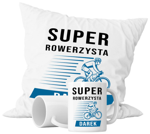 Zestaw prezentowy kubek + poduszka - "Super rowerzysta" + Twój Nadruk Zestaw prezentowy kubek + poduszka - "Super rowerzysta" + Twój Nadruk