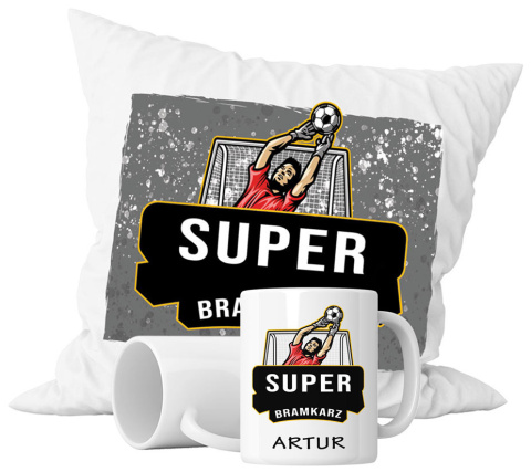 Zestaw prezentowy kubek + poduszka - "Super bramkarz" + Twój Nadruk Zestaw prezentowy kubek + poduszka - "Super bramkarz" + Twój Nadruk