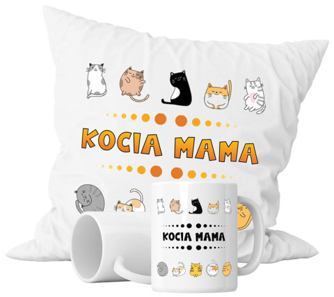 Zestaw prezentowy kubek + poduszka - "Motyw kocia mama" + Twój Nadruk