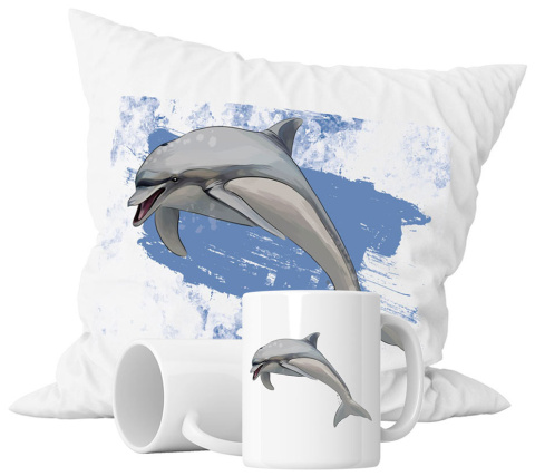 Zestaw prezentowy kubek + poduszka - "Motyw - delfin" + Twój Nadruk Zestaw prezentowy kubek + poduszka - "Motyw - delfin" + Twój Nadruk