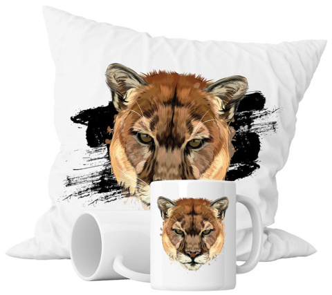 Zestaw prezentowy kubek + poduszka - "Motyw - puma" + Twój Nadruk Zestaw prezentowy kubek + poduszka - "Motyw - puma" + Twój Nadruk