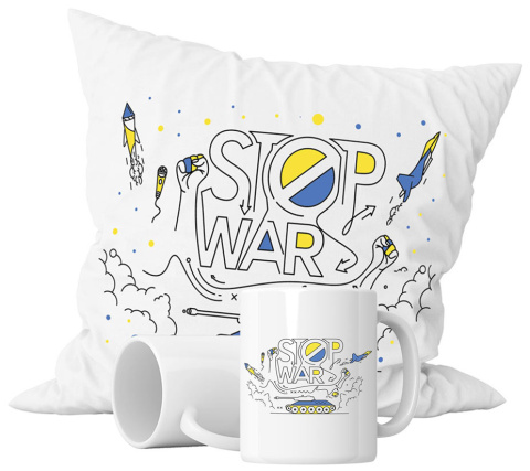 Zestaw prezentowy kubek + poduszka - "Stop war" + Twój Nadruk Zestaw prezentowy kubek + poduszka - "Stop war" + Twój Nadruk