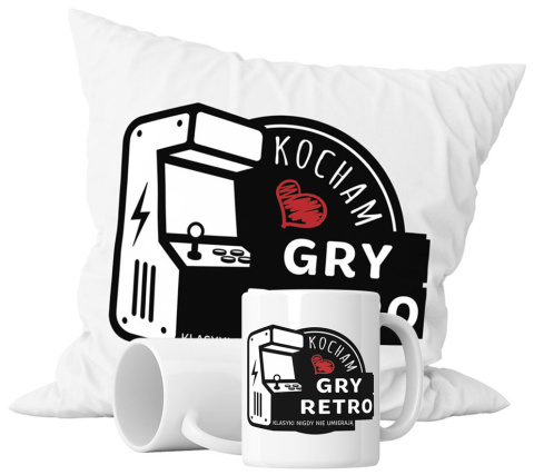 Zestaw prezentowy kubek + poduszka - "Kocham gry retro" + Twój Nadruk Zestaw prezentowy kubek + poduszka - "Kocham gry retro" + Twój Nadruk