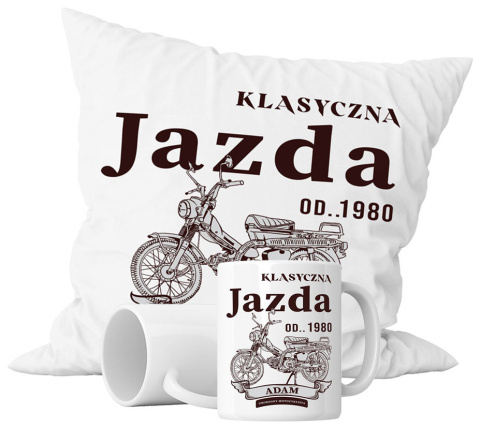 Zestaw prezentowy kubek + poduszka - "Klasyczna jazda od …" + Twój Nadruk + Rocznik Zestaw prezentowy kubek + poduszka - "Klasyczna jazda od …" + Twój Nadruk + Rocznik
