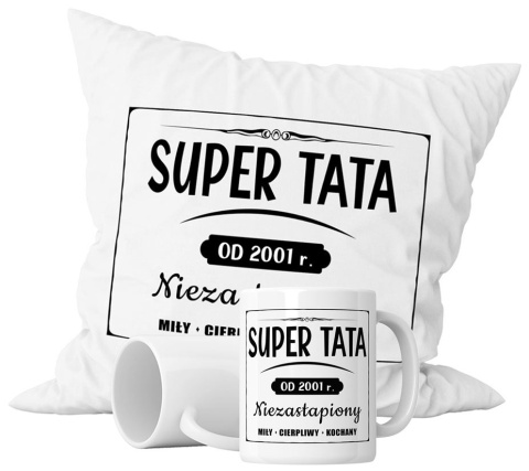 Zestaw prezentowy kubek + poduszka - "Super tata od …" + Twój Nadruk + Rocznik Zestaw prezentowy kubek + poduszka - "Super tata od …" + Twój Nadruk + Rocznik