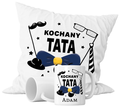 Zestaw prezentowy kubek + poduszka - "Kochany tata" + Twój Nadruk Zestaw prezentowy kubek + poduszka - "Kochany tata" + Twój Nadruk