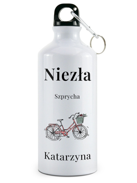 Bidon biały z karabińczykiem 500 ml z nadrukiem - "Niezła szprycha" + Imię Bidon biały z karabińczykiem 500 ml z nadrukiem - "Niezła szprycha" + Imię