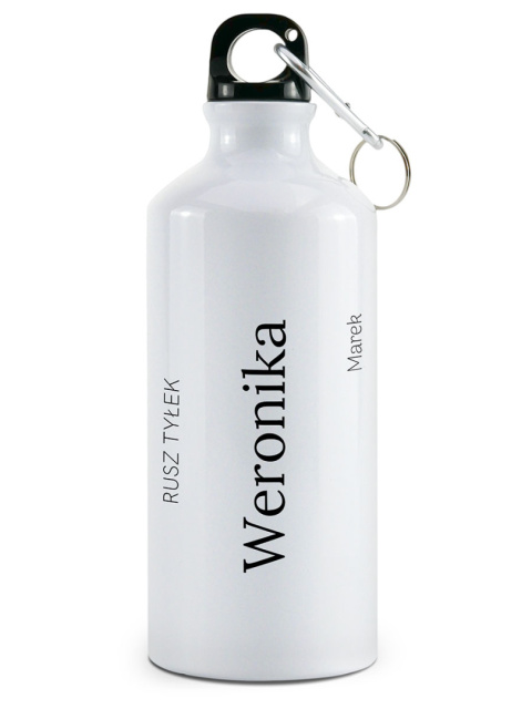 Bidon biały z karabińczykiem 500 ml z zabawnym nadrukiem - "Rusz tyłek" + Imię + Podpis Bidon biały z karabińczykiem 500 ml z zabawnym nadrukiem - "Rusz tyłek" + Imię + Podpis