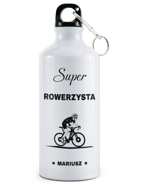 Bidon biały z karabińczykiem 500 ml z nadrukiem - "Super rowerzysta" + Imię Bidon biały z karabińczykiem 500 ml z nadrukiem - "Super rowerzysta" + Imię
