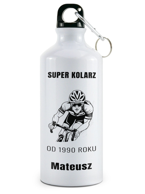 Bidon biały z karabińczykiem 500 ml z nadrukiem - "Super kolarz" + Imię + Rocznik Bidon biały z karabińczykiem 500 ml z nadrukiem - "Super kolarz" + Imię + Rocznik