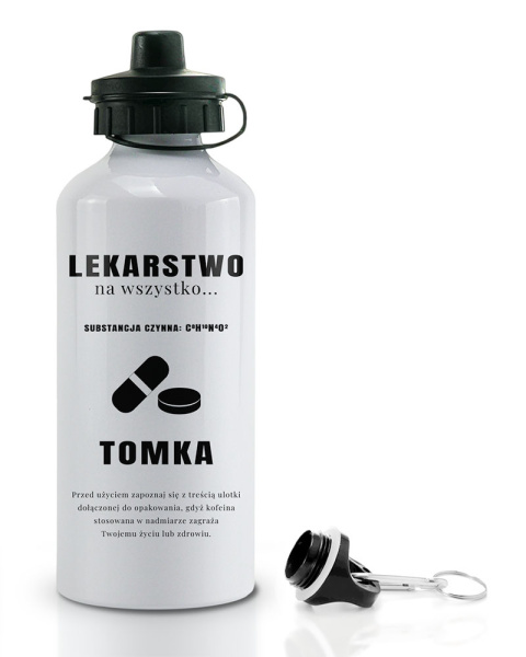 Bidon biały z karabińczykiem i ustnikiem 500 ml z zabawnym nadrukiem - "Lekarstwo na wszystko" + Imię Bidon biały z karabińczykiem i ustnikiem 500 ml z zabawnym nadrukiem - "Lekarstwo na wszystko" + Imię