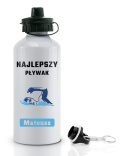 Bidon biały z karabińczykiem i ustnikiem 500 ml z nadrukiem - "Najlepszy pływak" + Imię