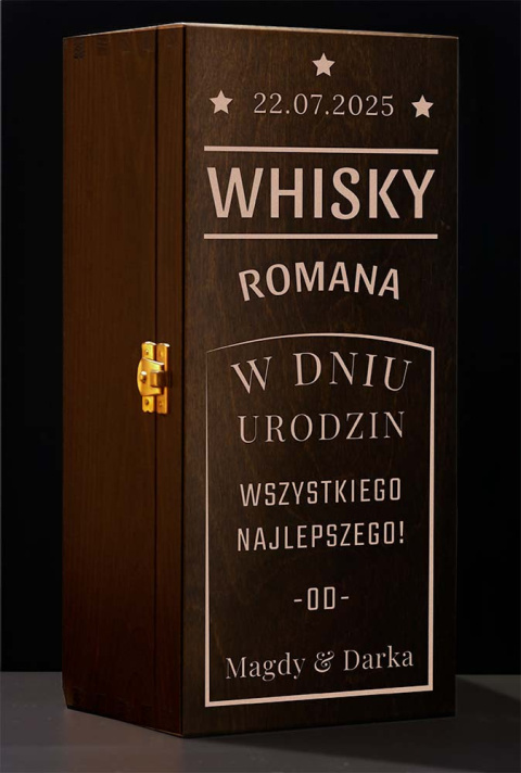 Drewniane pudełko skrzynka na whisky z grawerem - "W dniu urodzin" + Imię + Data + Imiona darczyńców