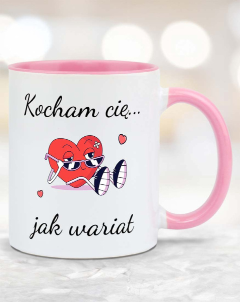 Kubek 330 ml z różowym uchwytem i wnętrzem - "Kocham cię jak wariat" Kubek 330 ml z różowym uchwytem i wnętrzem - "Kocham cię jak wariat"