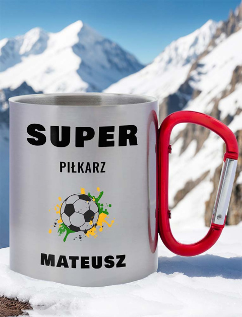 Metalowy Kubek 300 ml z karabińczykiem + Nadruk - "Super piłkarz" + Twoje imię Metalowy Kubek 300 ml z karabińczykiem + Nadruk - "Super piłkarz" + Twoje imię