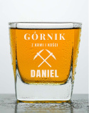 Szklanka do whisky kwadratowa + Grawer - "Górnik z krwi i kości" + Imię