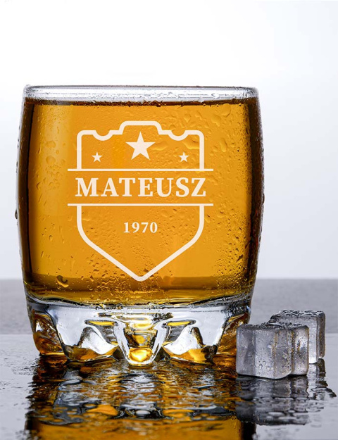Szklanka okrągła na whisky 330 ml + Grawer "Herb" + Imię Szklanka okrągła na whisky 330 ml + Grawer "Herb" + Imię