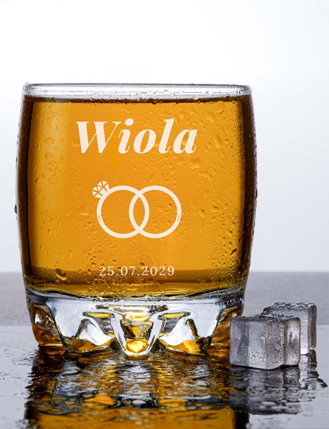 Szklanka okrągła na whisky 330 ml + Grawer "Obrączki" + Imię Szklanka okrągła na whisky 330 ml + Grawer "Obrączki" + Imię